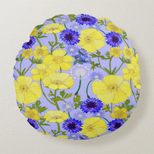 Buttercups, Dandelion Puffballs Blue Cornflowers Round Cushion