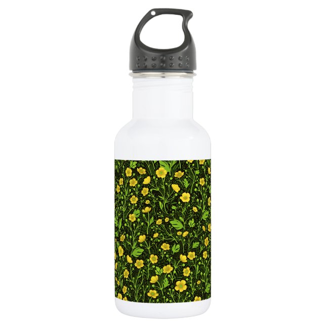 Buttercups on black 532 ml water bottle (Front)