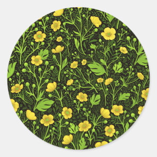Buttercups on black classic round sticker