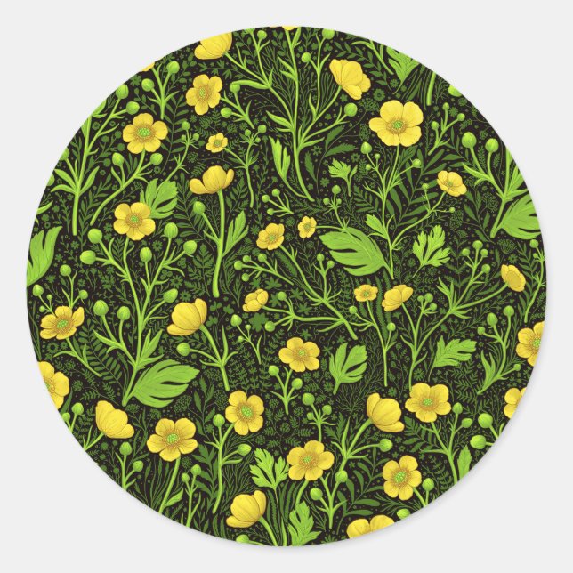 Buttercups on black classic round sticker (Front)