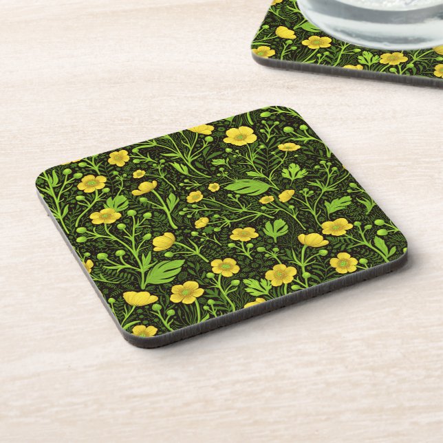 Buttercups on black coaster (Left Side)