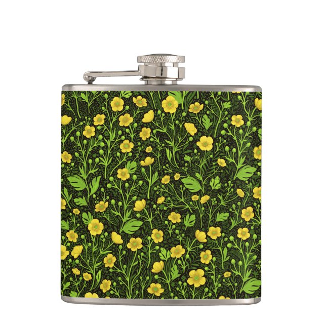 Buttercups on black hip flask (Front)