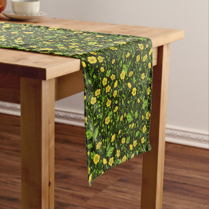 Buttercups on black short table runner