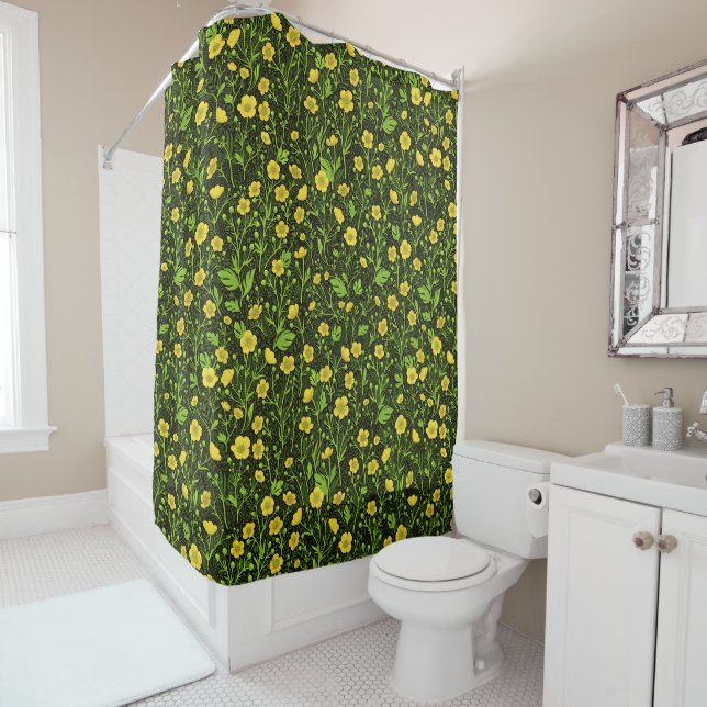 Buttercups on black shower curtain (In Situ)