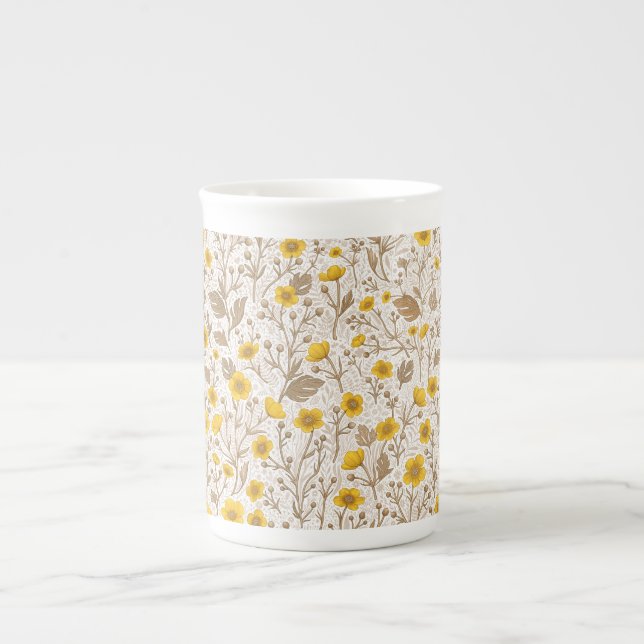 Buttercups, yellow and brown bone china mug (Front)