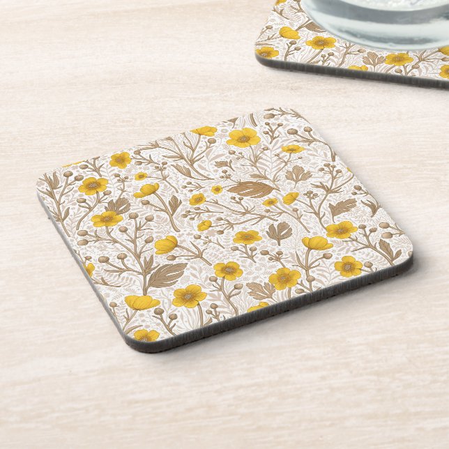 Buttercups, yellow and brown coaster (Left Side)