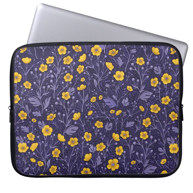 Buttercups, yellow and violet laptop sleeve (Front)