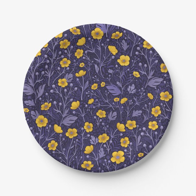 Buttercups, yellow and violet paper plate (Front)