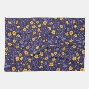 Buttercups, yellow and violet tea towel