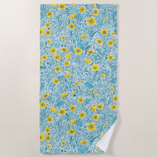 Buttercups, yellow, blue and white beach towel