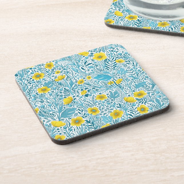 Buttercups, yellow, blue and white coaster (Left Side)