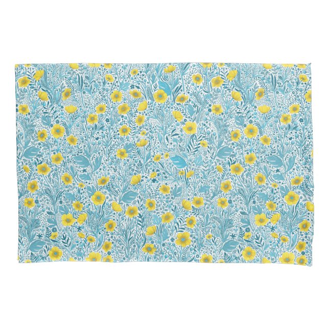 Buttercups, yellow, blue and white pillowcase (Front-Left)
