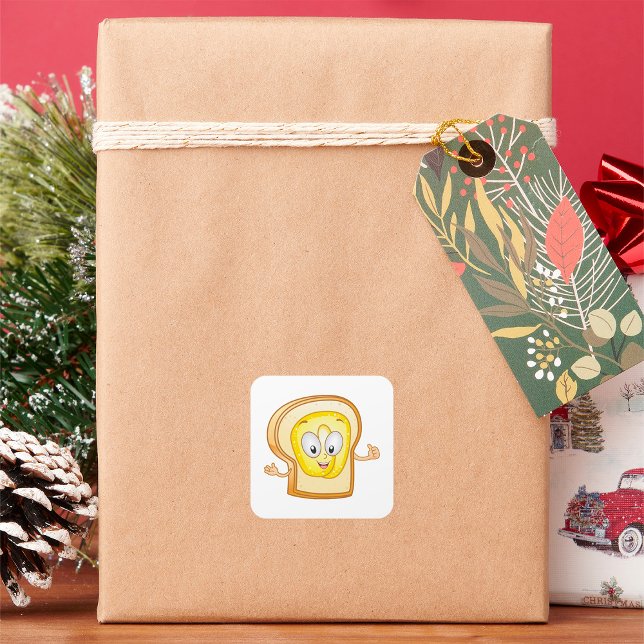 Buttered Toast Cartoon Character Happy Bread Square Sticker (Creator Uploaded)