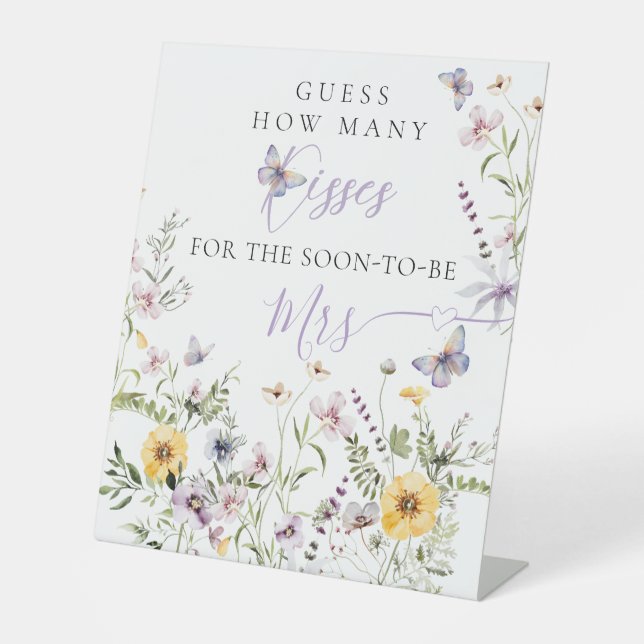 Butterflay Purple Floral Bridal Shower Kisses Game Pedestal Sign (Front)