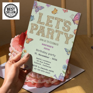 butterflies 13th birthday invitation girls