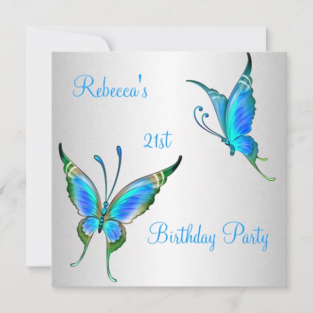 Butterflies 21st Birthday Party Blue White Invitation (Front)