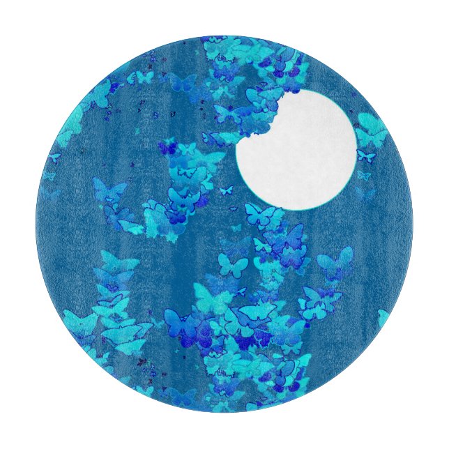 Butterflies against blue night sky, moonscape cutting board (Front)