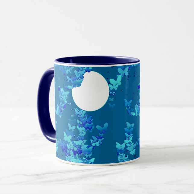Butterflies against blue night sky, moonscape mug (Front Left)