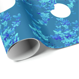Butterflies against blue night sky, moonscape wrapping paper