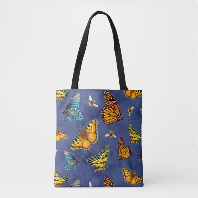 Butterflies and Bees on Dark Blue Skies Tote Bag (Front)