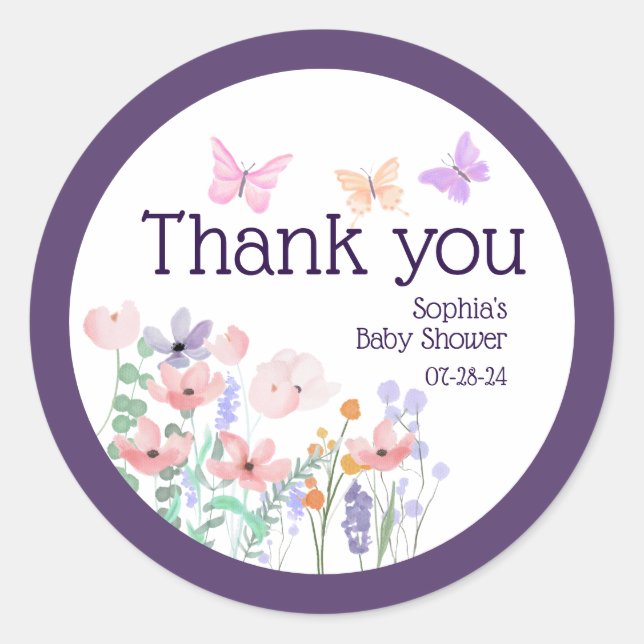 Butterflies and Blooms Baby Shower Thank You Classic Round Sticker (Front)