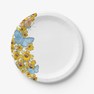 Butterflies and Blooms Pastel Blue and Yellow Paper Plate