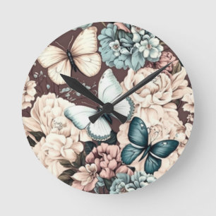 Butterflies and brown flowers round clock