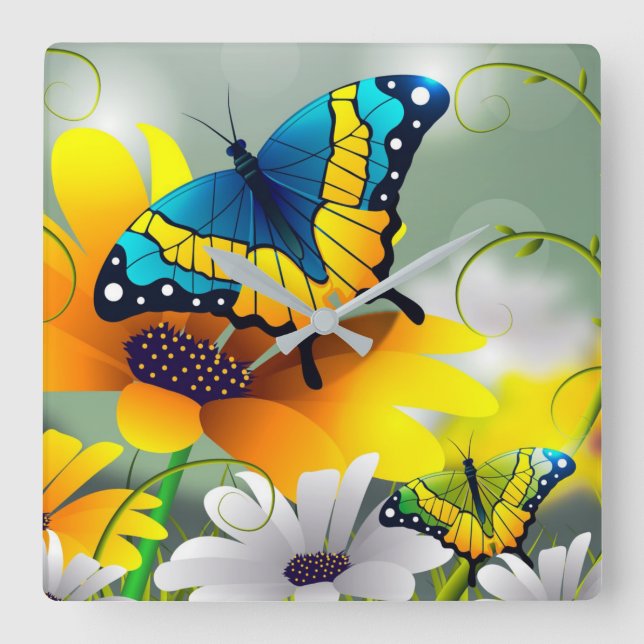 Butterflies and Daisies Square Wall Clock (Front)