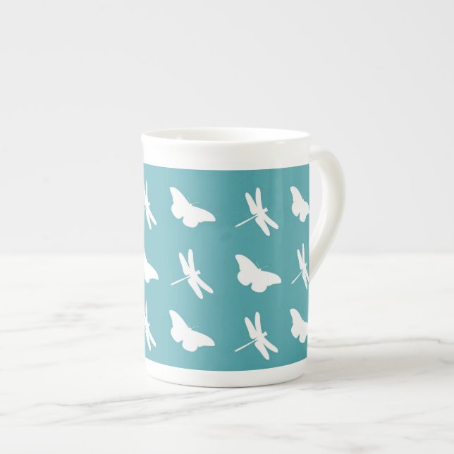 Butterflies and Dragonflies Teal Pattern Bone China Mug (Front Right)