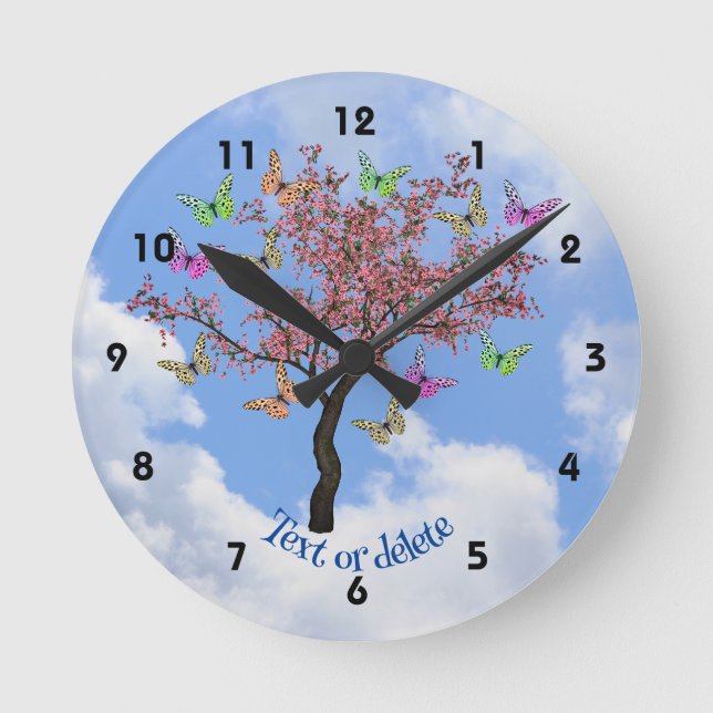 Butterflies And Flowering Tree Personalised  Round Clock (Front)