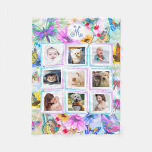 Butterflies and flowers 9 Photo Collage Monogram Fleece Blanket