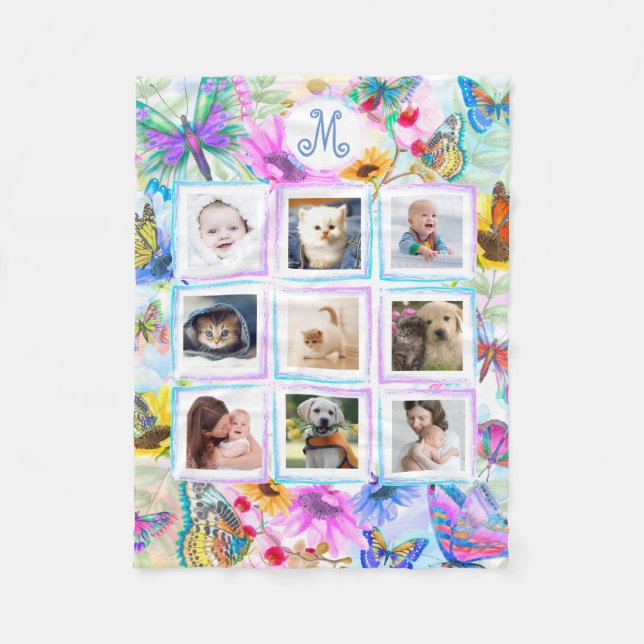 Butterflies and flowers 9 Photo Collage Monogram Fleece Blanket (Front)