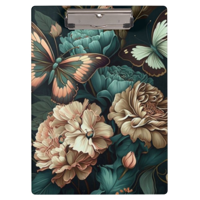 Butterflies and flowers dark classic design clipboard (Front)