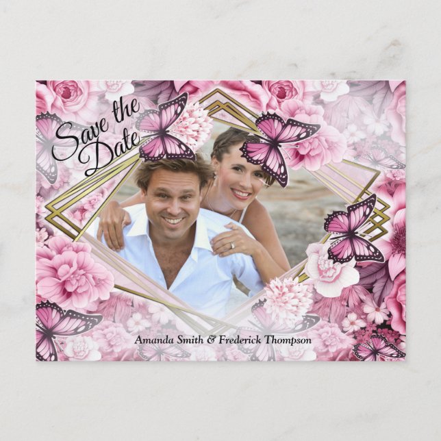 Butterflies and Flowers in varying shades of pink Announcement Postcard (Front)