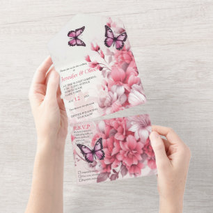 Butterflies and Flowers in varying shades of pinks All In One Invitation