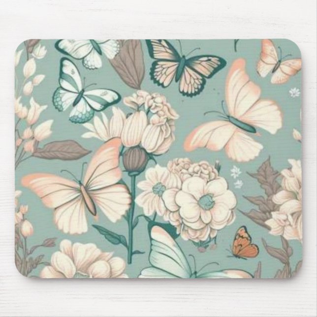 Butterflies and flowers light green decor mouse pad (Front)
