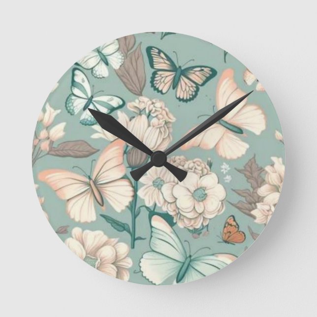 Butterflies and flowers light green decor round clock (Front)