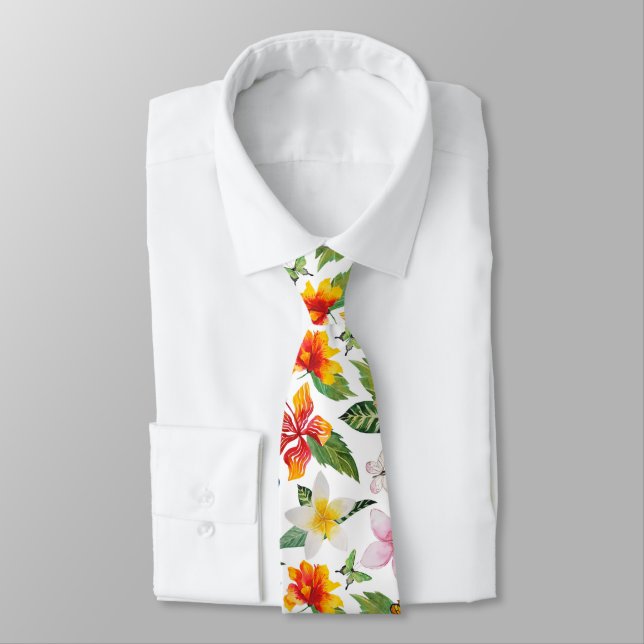 Butterflies and Flowers On White Tie (Tied)