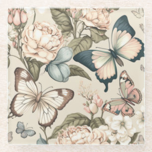 Butterflies and flowers pastel  glass coaster