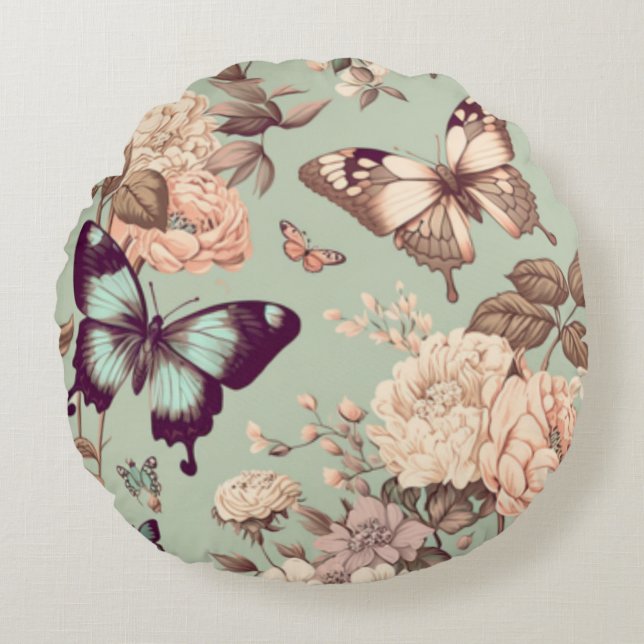 Butterflies and flowers pastel light green  round cushion (Front)