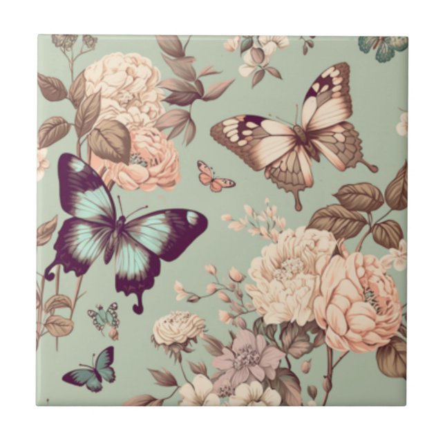 Butterflies and flowers pastel light green  tile (Front)
