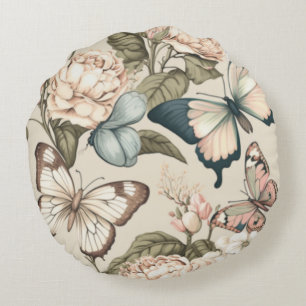 Butterflies and flowers pastel  round cushion
