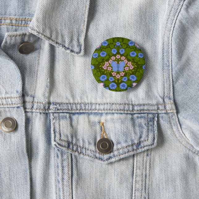 Butterflies and flowers symmetry, blue and pink 6 cm round badge (In Situ)