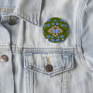 Butterflies and flowers symmetry, blue and pink 6 cm round badge