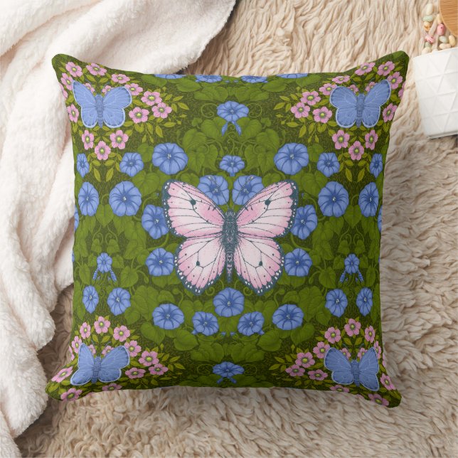 Butterflies and flowers symmetry, blue and pink cushion (Blanket)