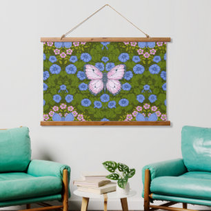 Butterflies and flowers symmetry, blue and pink hanging tapestry