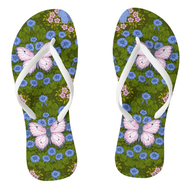 Butterflies and flowers symmetry, blue and pink jandals (Footbed)