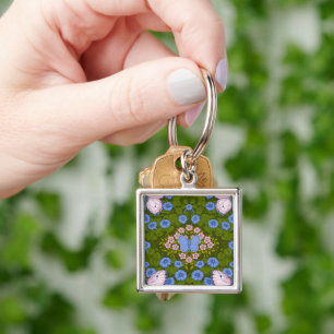 Butterflies and flowers symmetry, blue and pink key ring