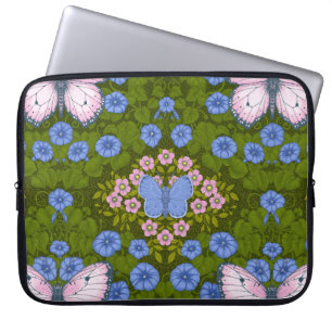 Butterflies and flowers symmetry, blue and pink laptop sleeve