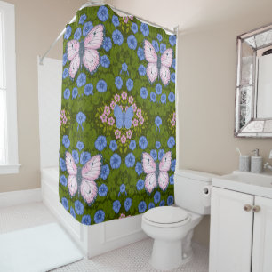 Butterflies and flowers symmetry, blue and pink shower curtain